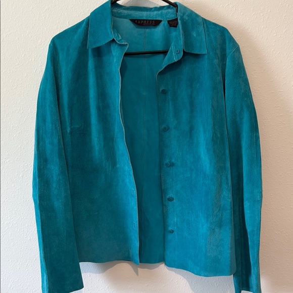 Vintage Express World Brand leather suede Turquoise Button-Up Shirt - Picture 1 of 4